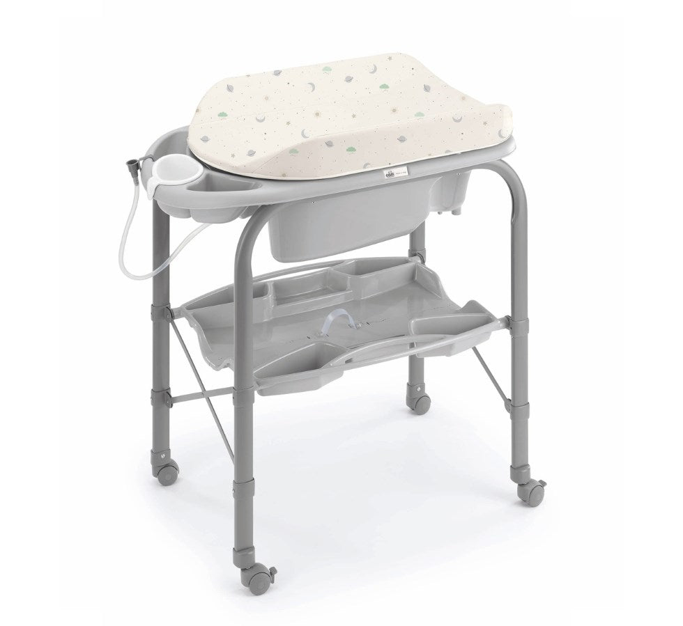 Bath changer with padded white top, gray frame, white tub, and side rails