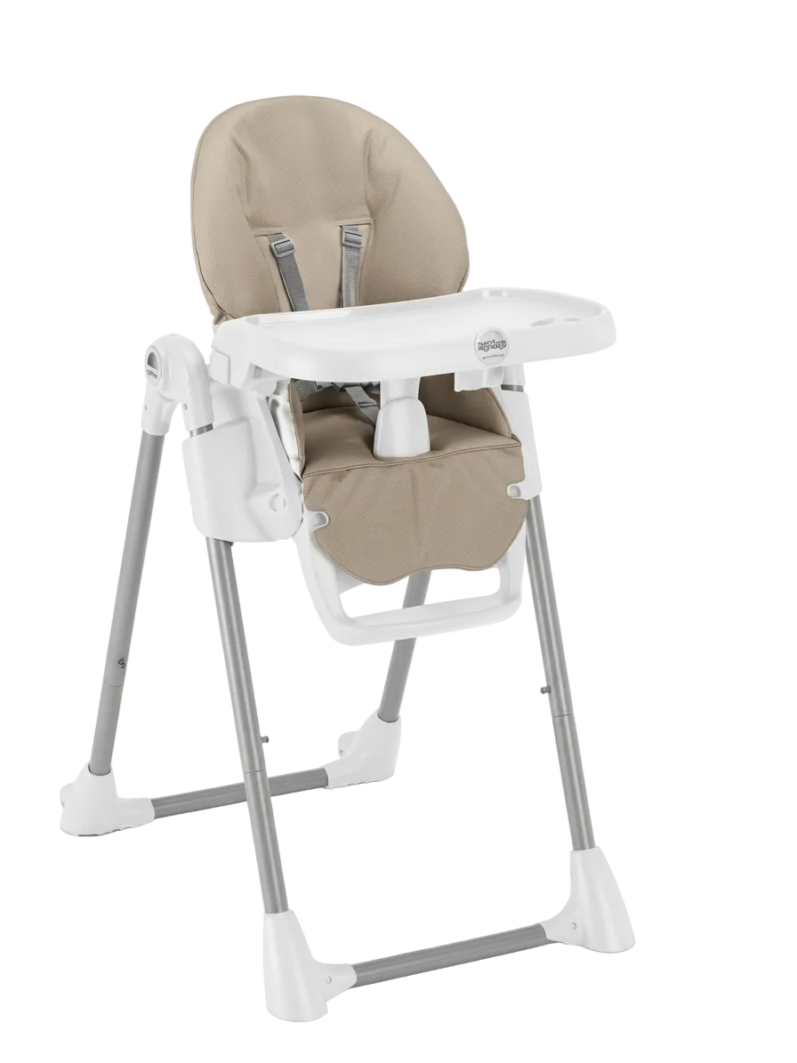Beige highchair with padded seat, curved tray, and adjustable harness straps