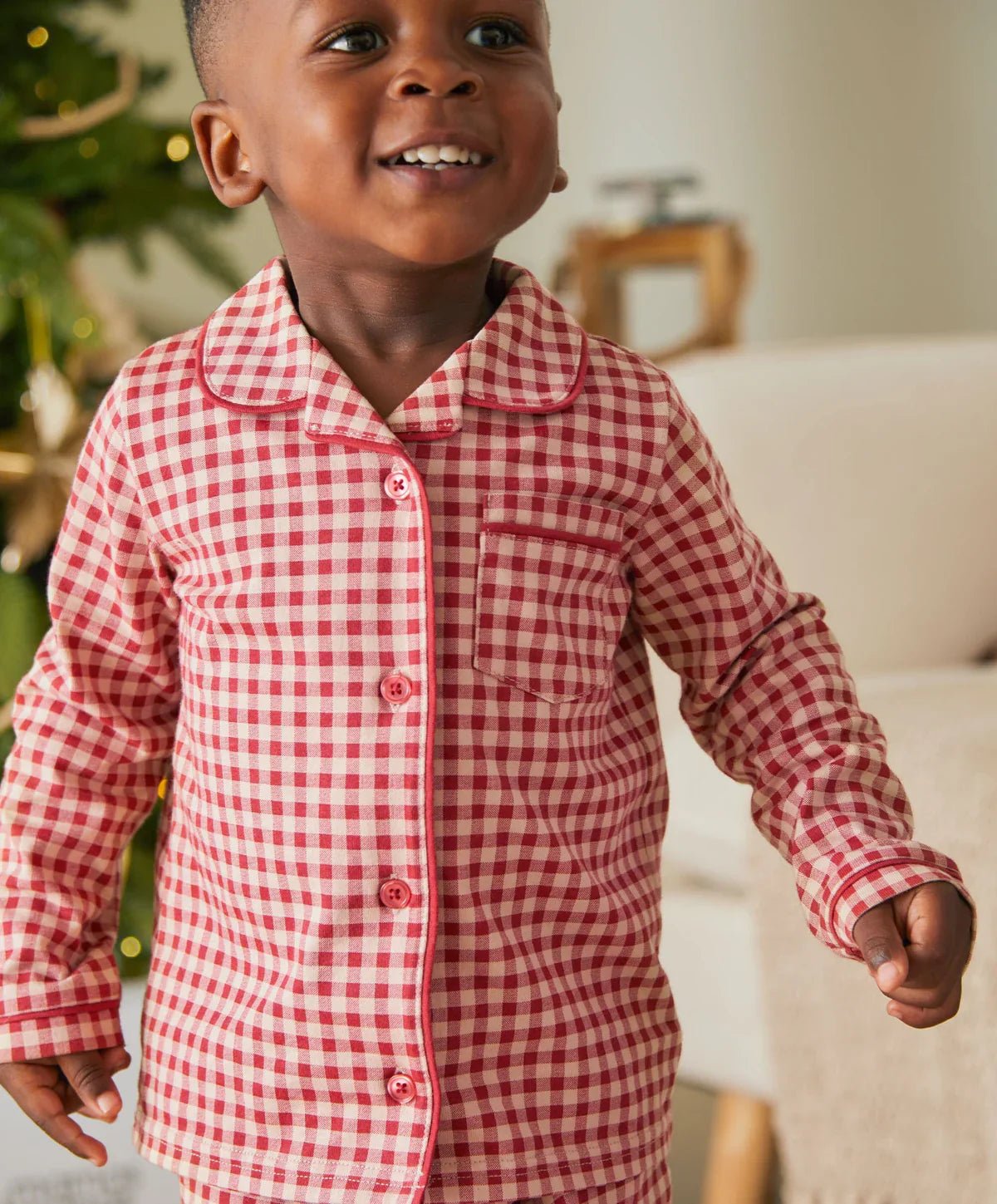 Red and white check jersey pyjama top with button front and collar