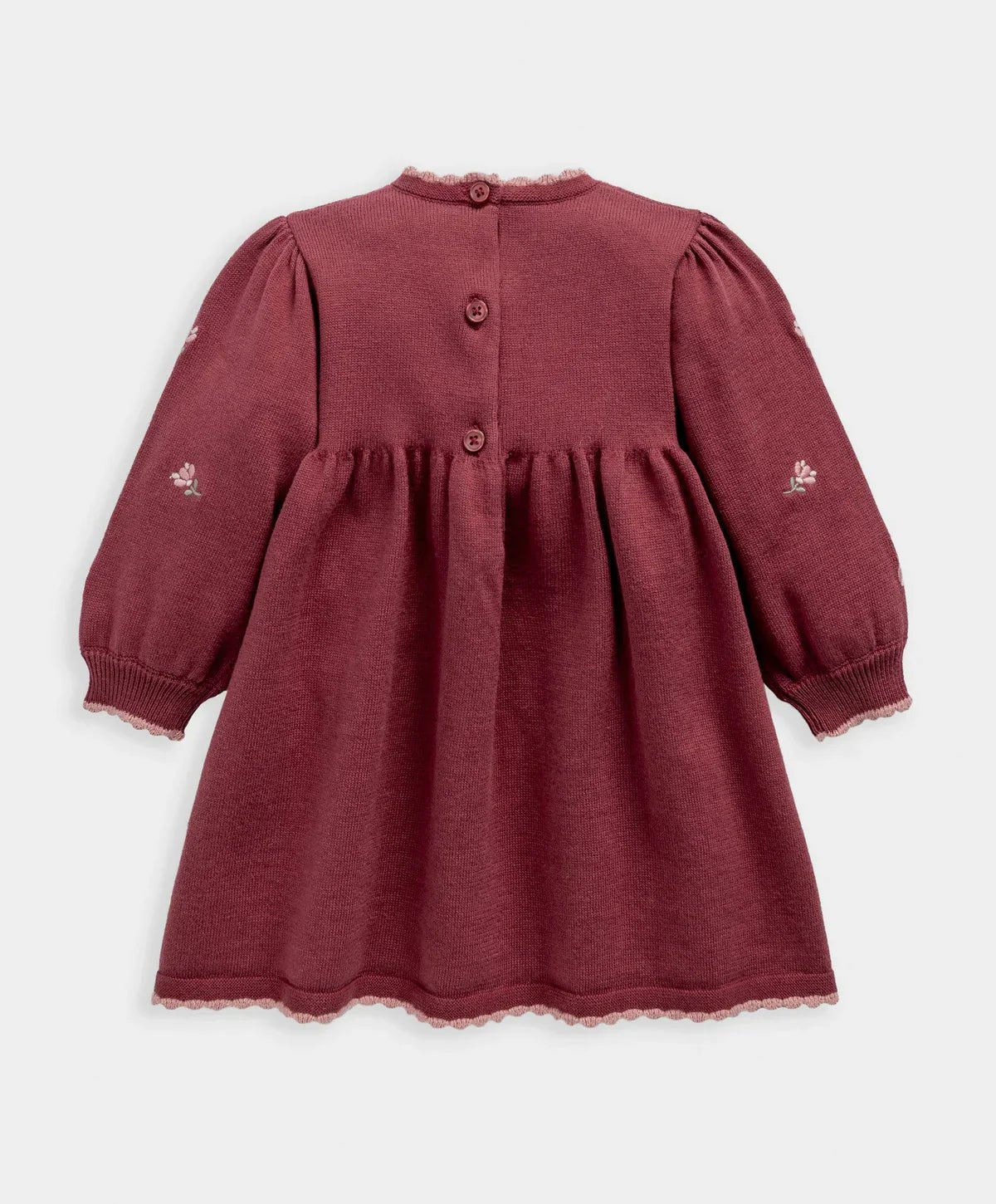 Maroon floral embroidered baby dress with buttoned back and long puff sleeves
