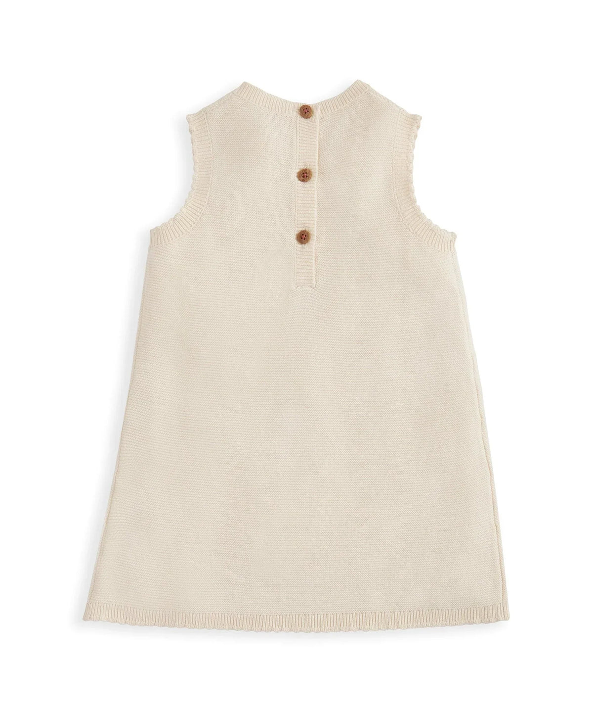 Cream knitted sleeveless dress with button front placket and round neck