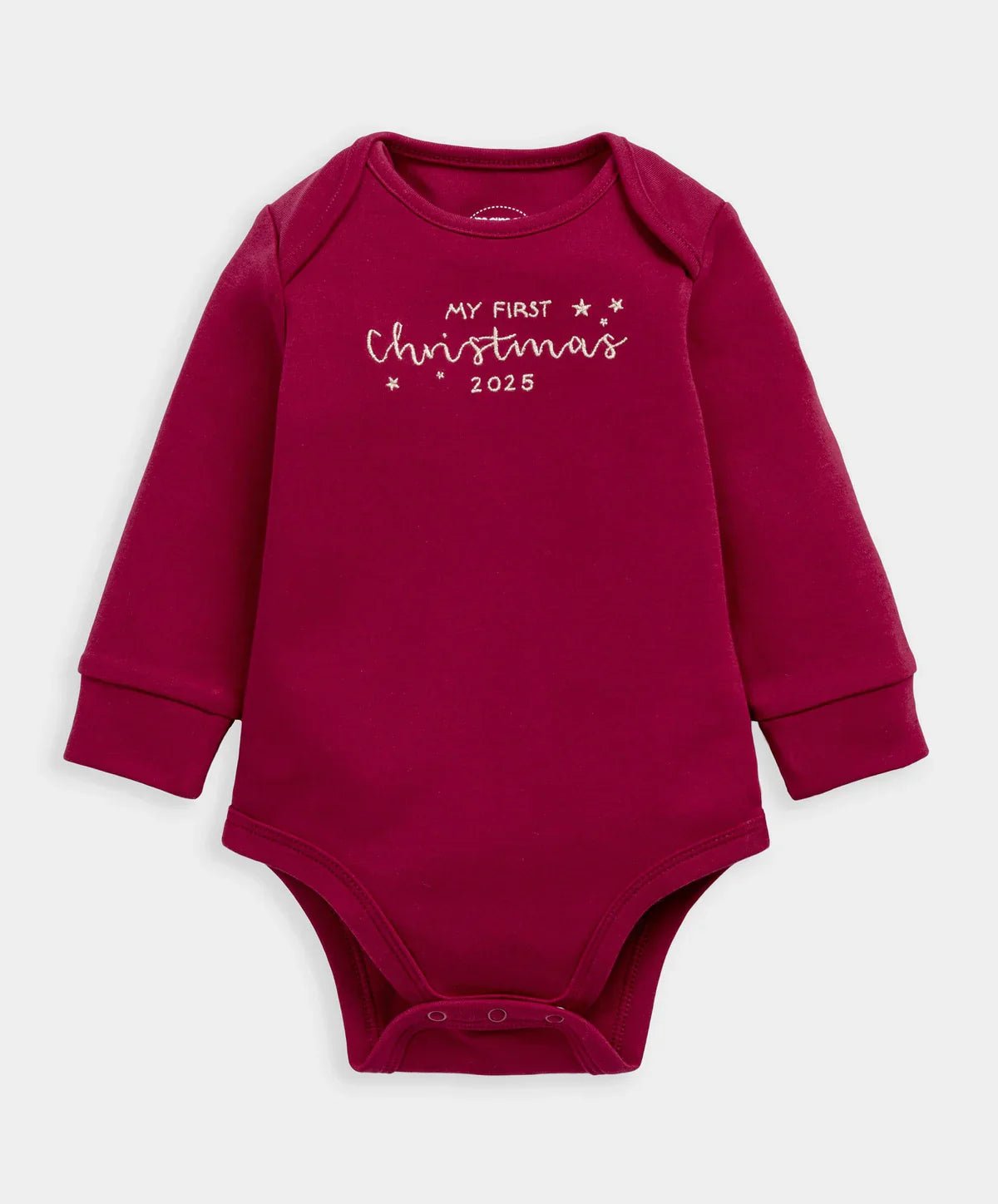 Red long-sleeve baby bodysuit with 'My first Christmas 2025' text and stars