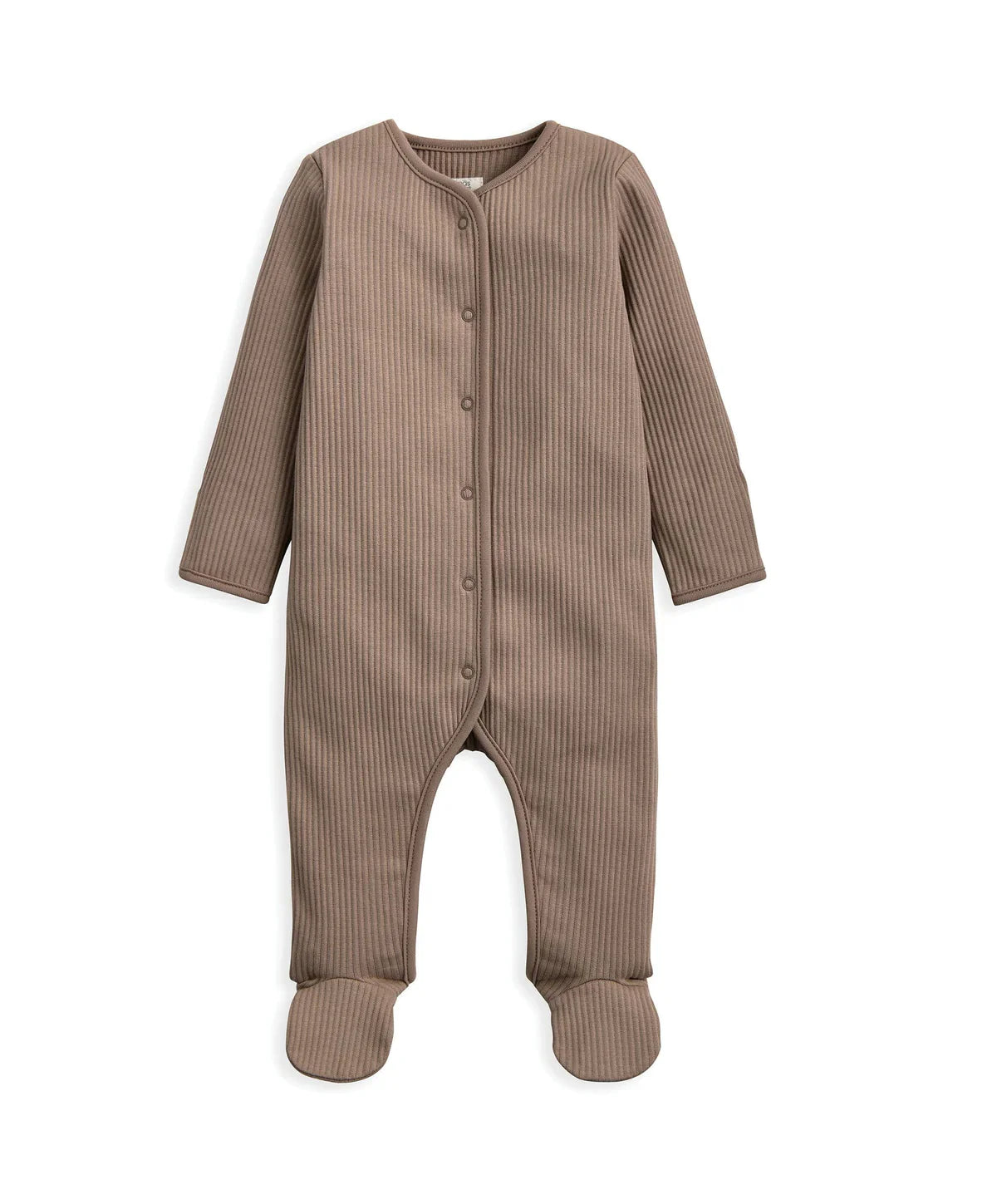 Ribbed taupe baby bodysuit with snap buttons and footed cuffs