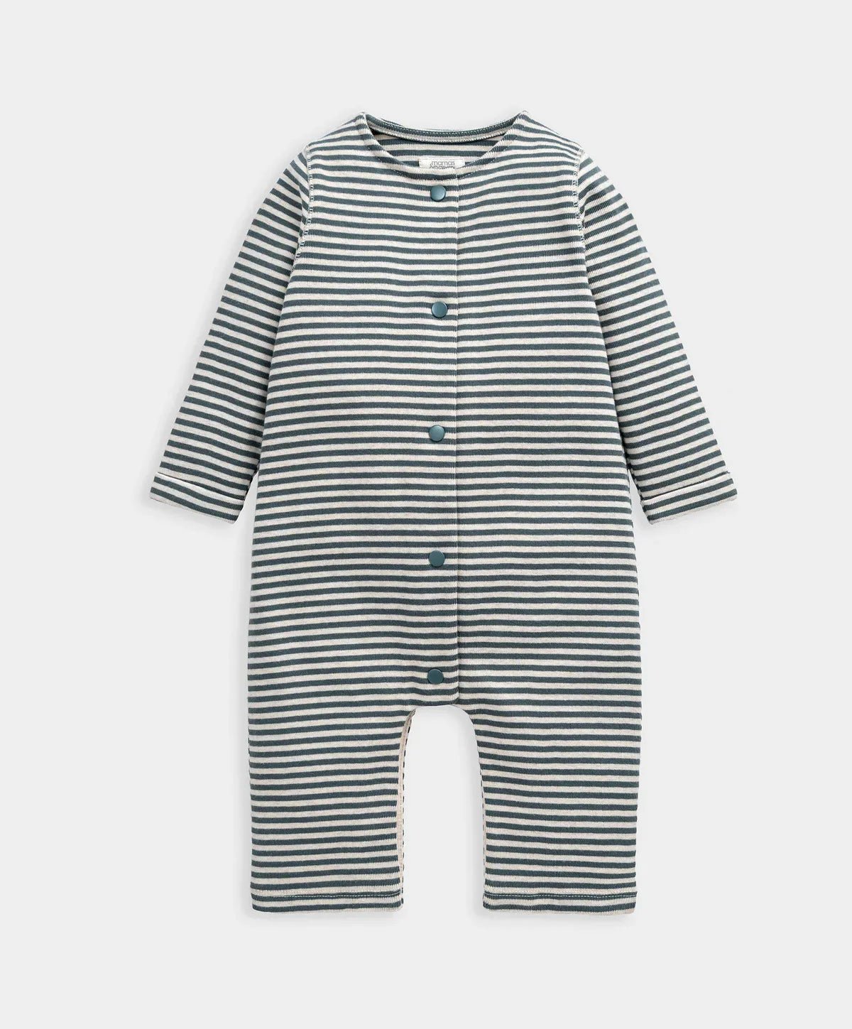 Striped long-sleeve romper with button front and rounded snaps