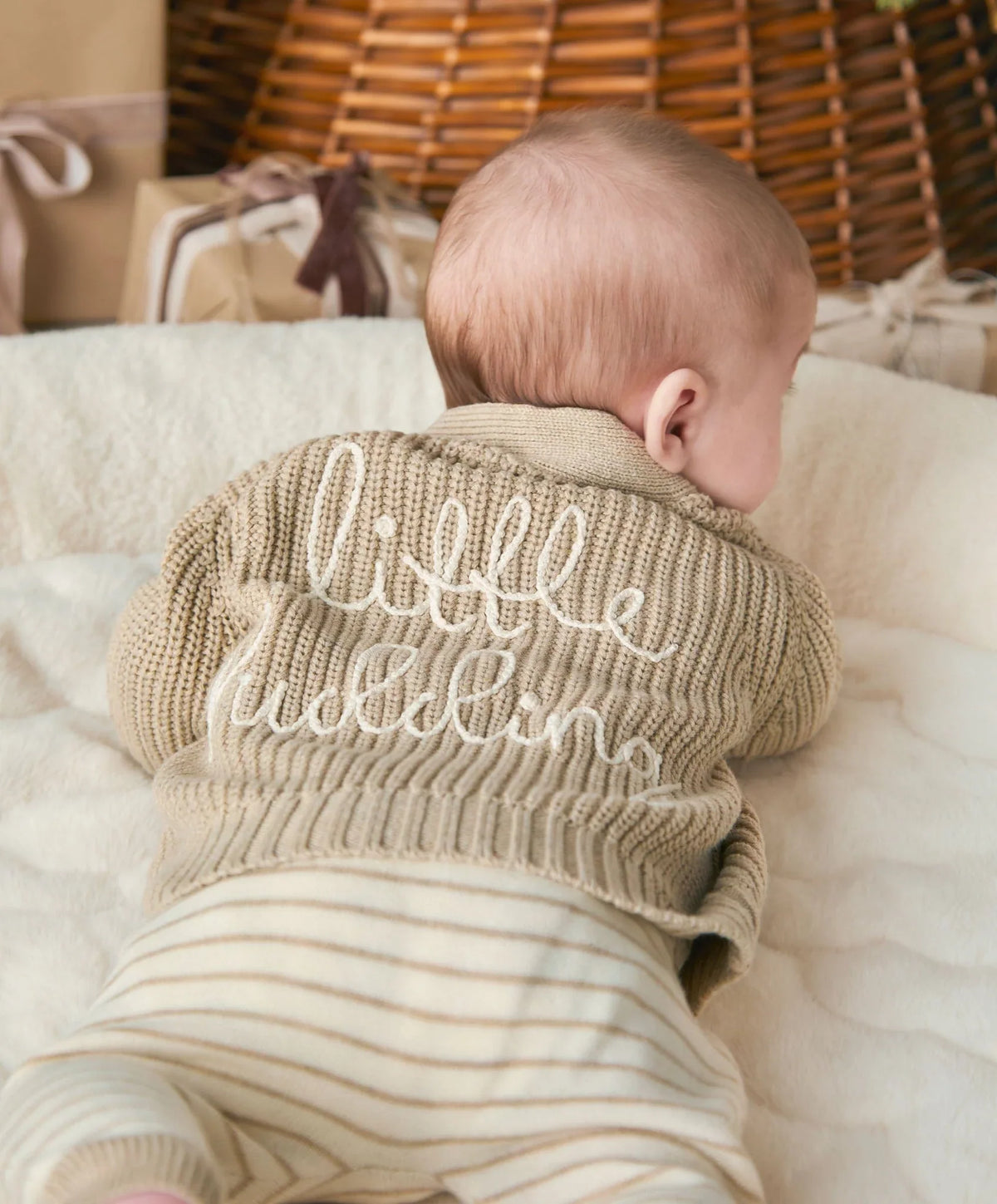 Knitted cardigan and striped pants set with back lettering and ribbed hem