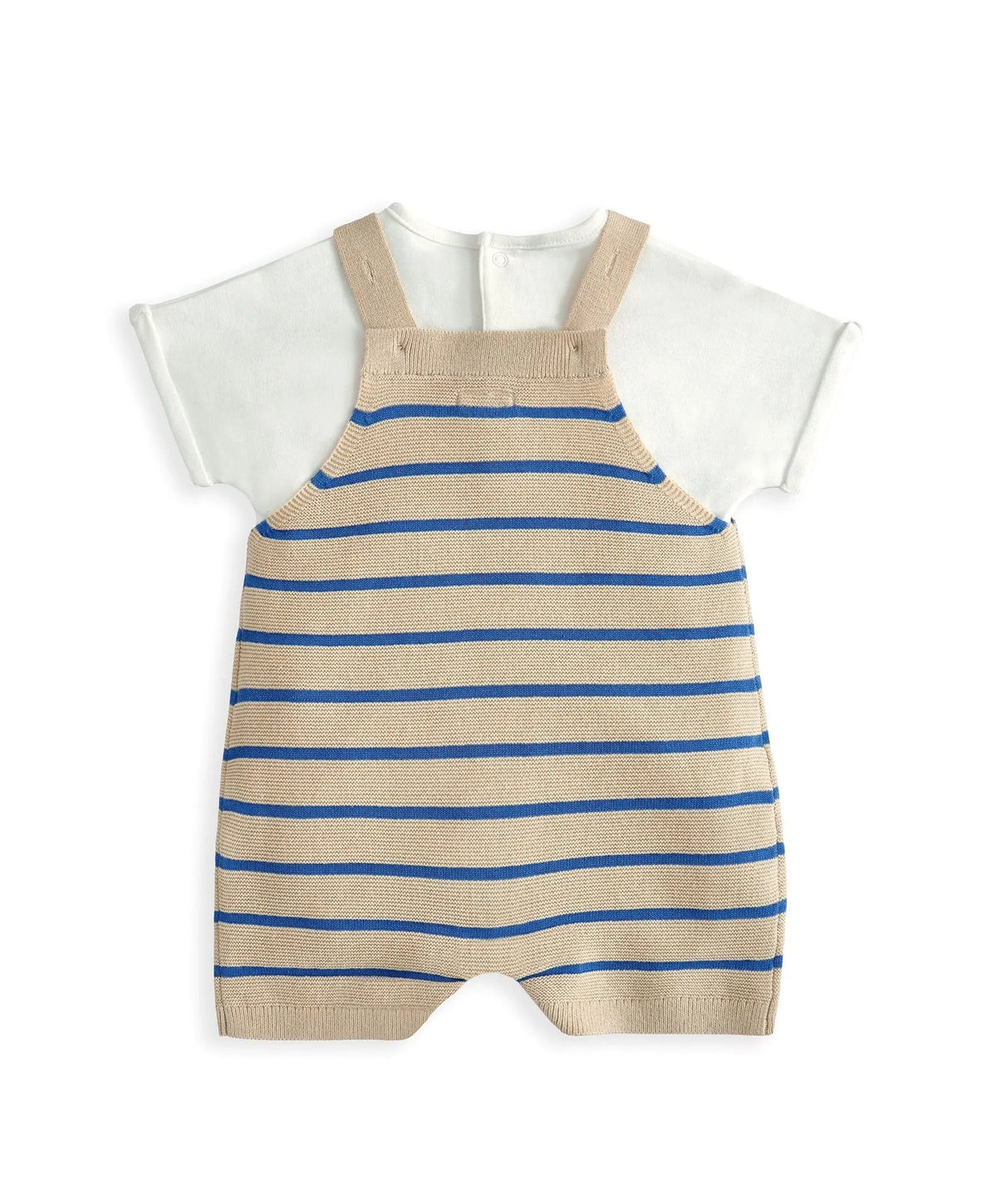 Knitted dungarees romper with blue stripes and beige straps over short-sleeve white T-shirt