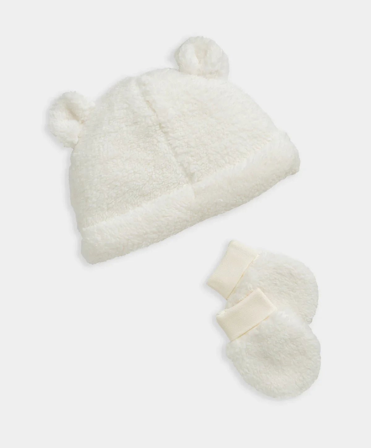 Cream borg beanie with pom-poms and matching cream mittens, plush fuzzy set