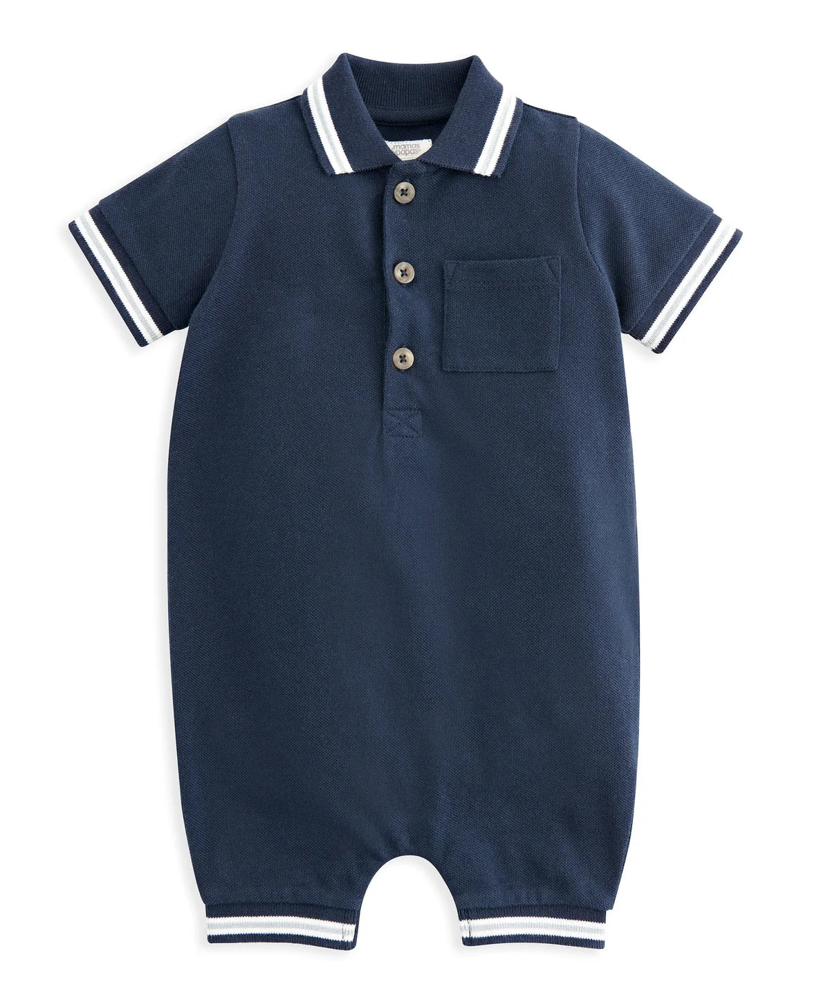 Navy jersey polo romper with striped collar, three buttons, and chest pocket