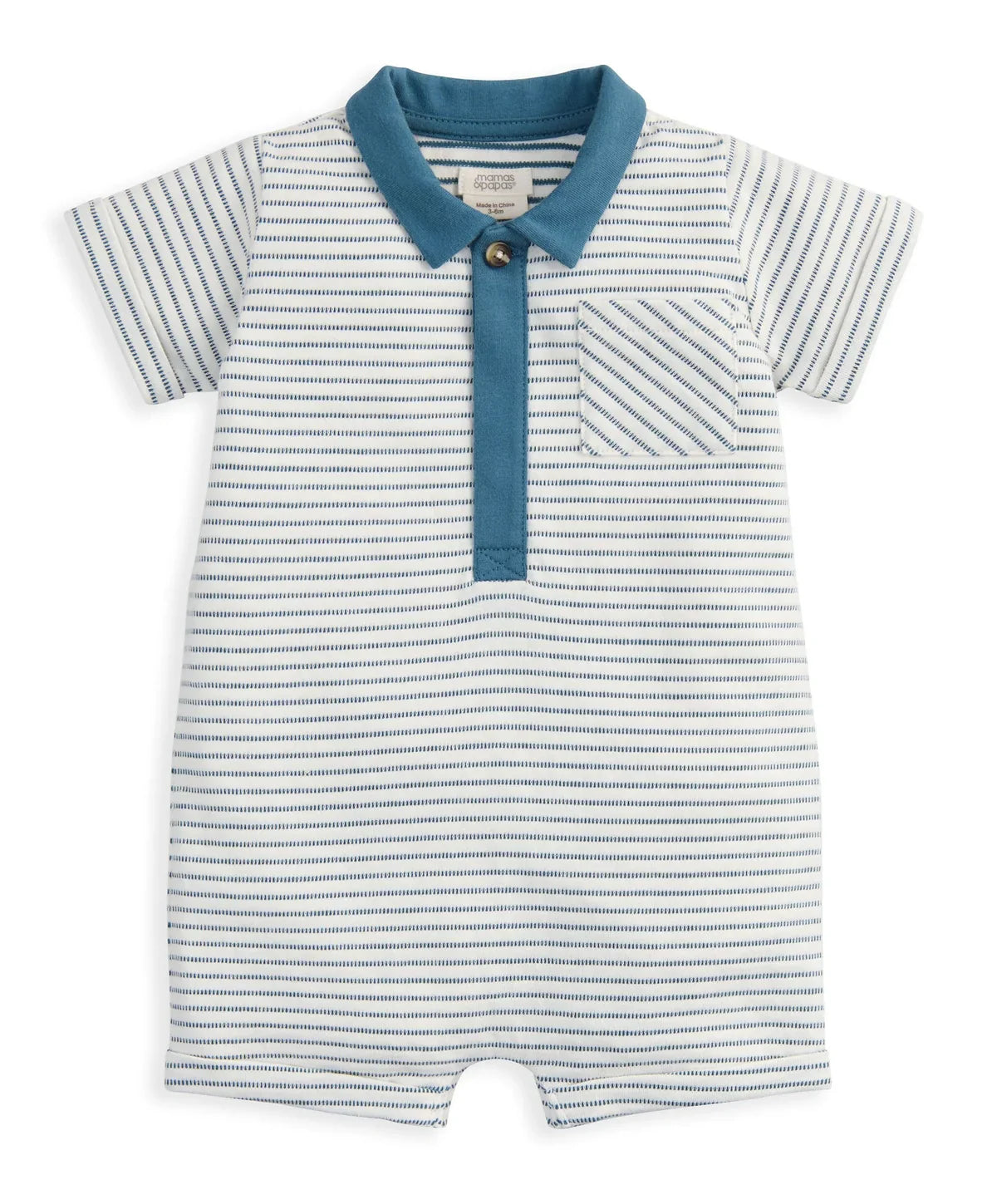 Striped polo romper with teal collar and placket, button front, short sleeves