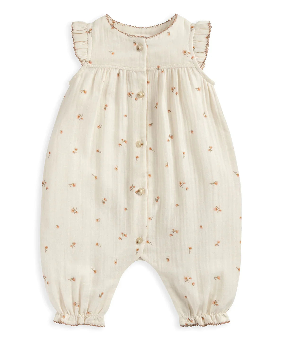 Cream frill-shoulder romper with allover floral print, pleated bib, button front