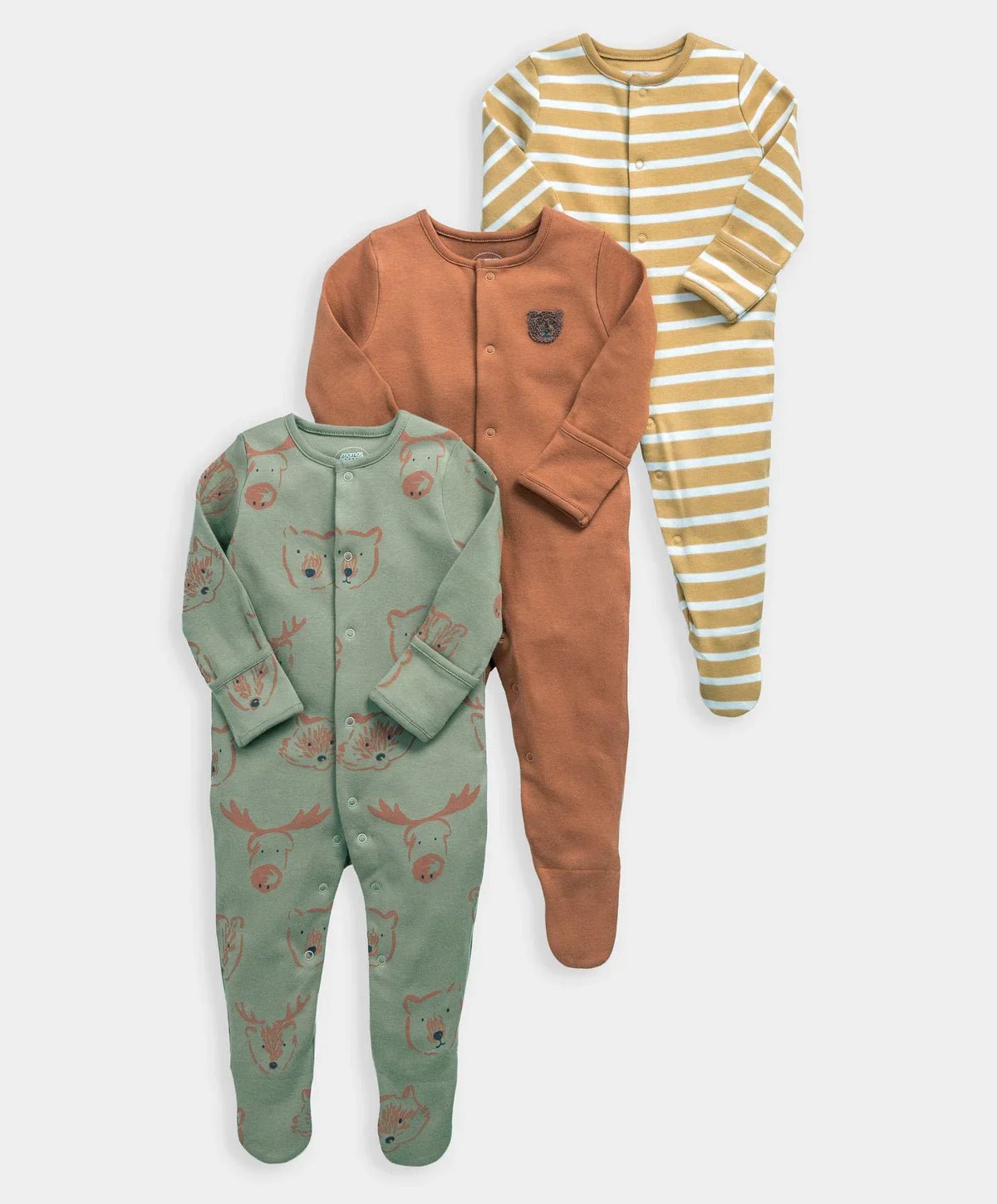 Woodland animal sleepsuit set, laid flat: green animal print, brown plain, yellow stripe