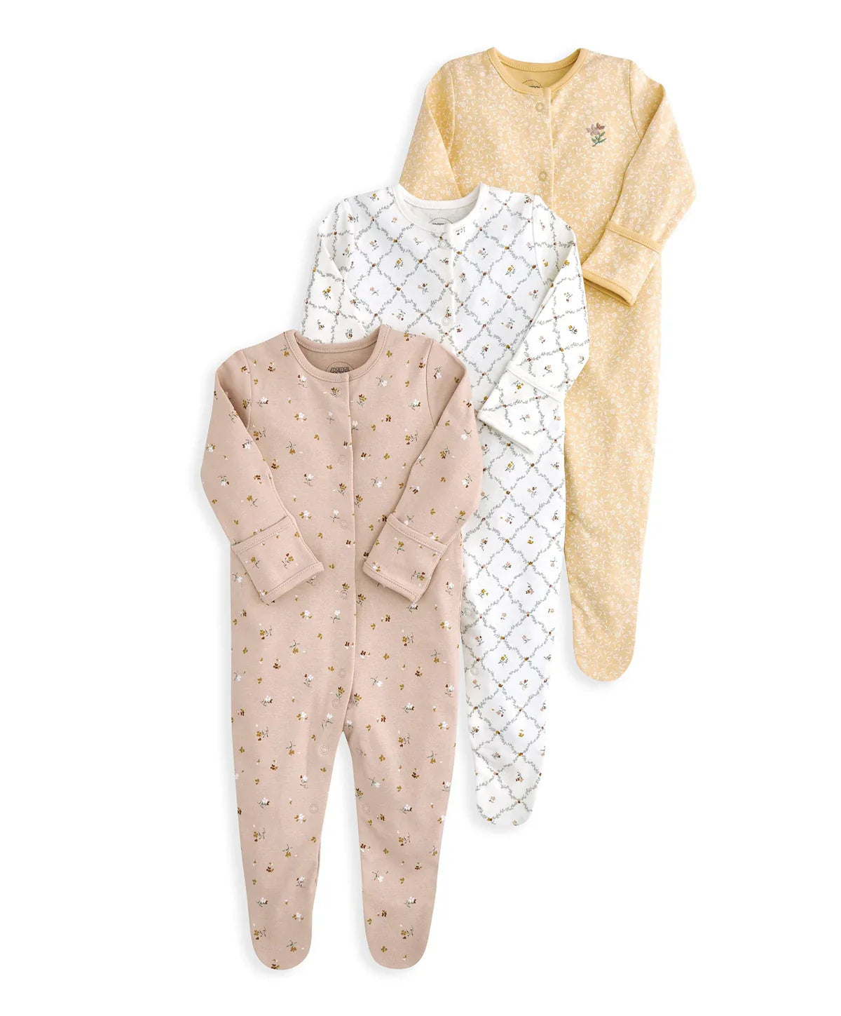3-piece sleepsuit set: yellow solid, white geometric print, taupe dot long sleeves