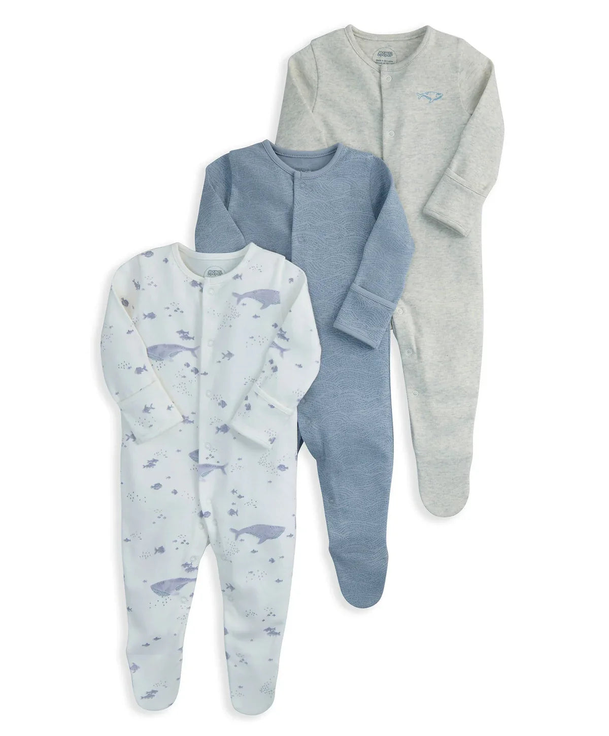 Pack of 3 whale sleepsuits: white printed, blue, and light gray, long sleeves, footed