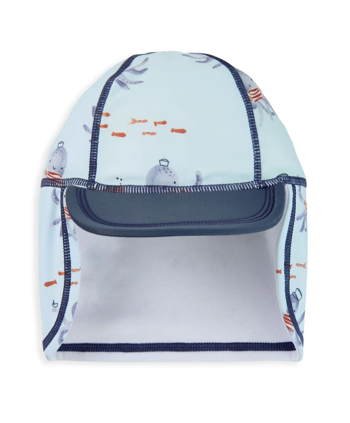 Squid print swim hat in light blue with navy trim and orange squid pattern