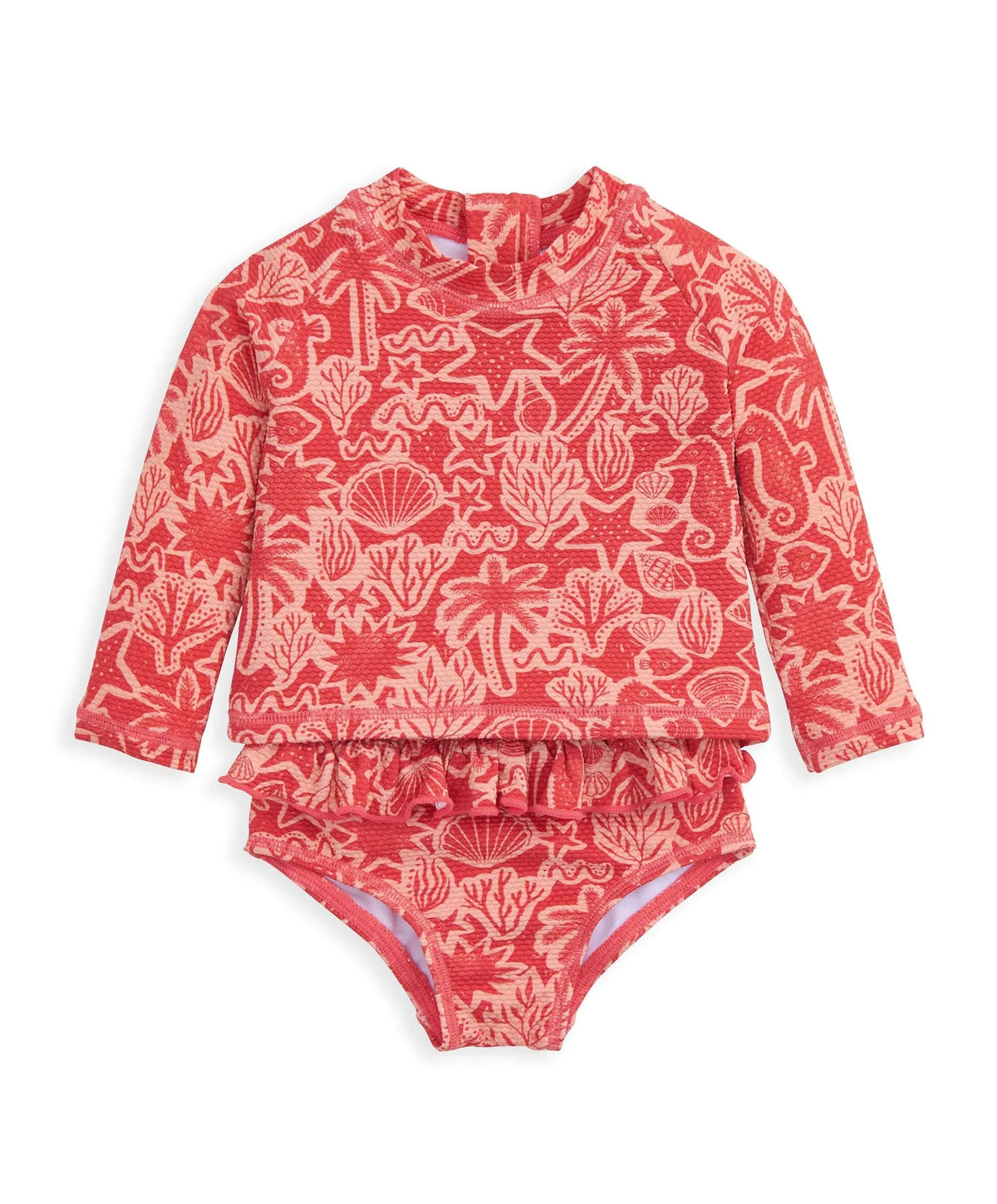 Coral pink long-sleeve one-piece swimsuit with sea-life print and ruffled waist