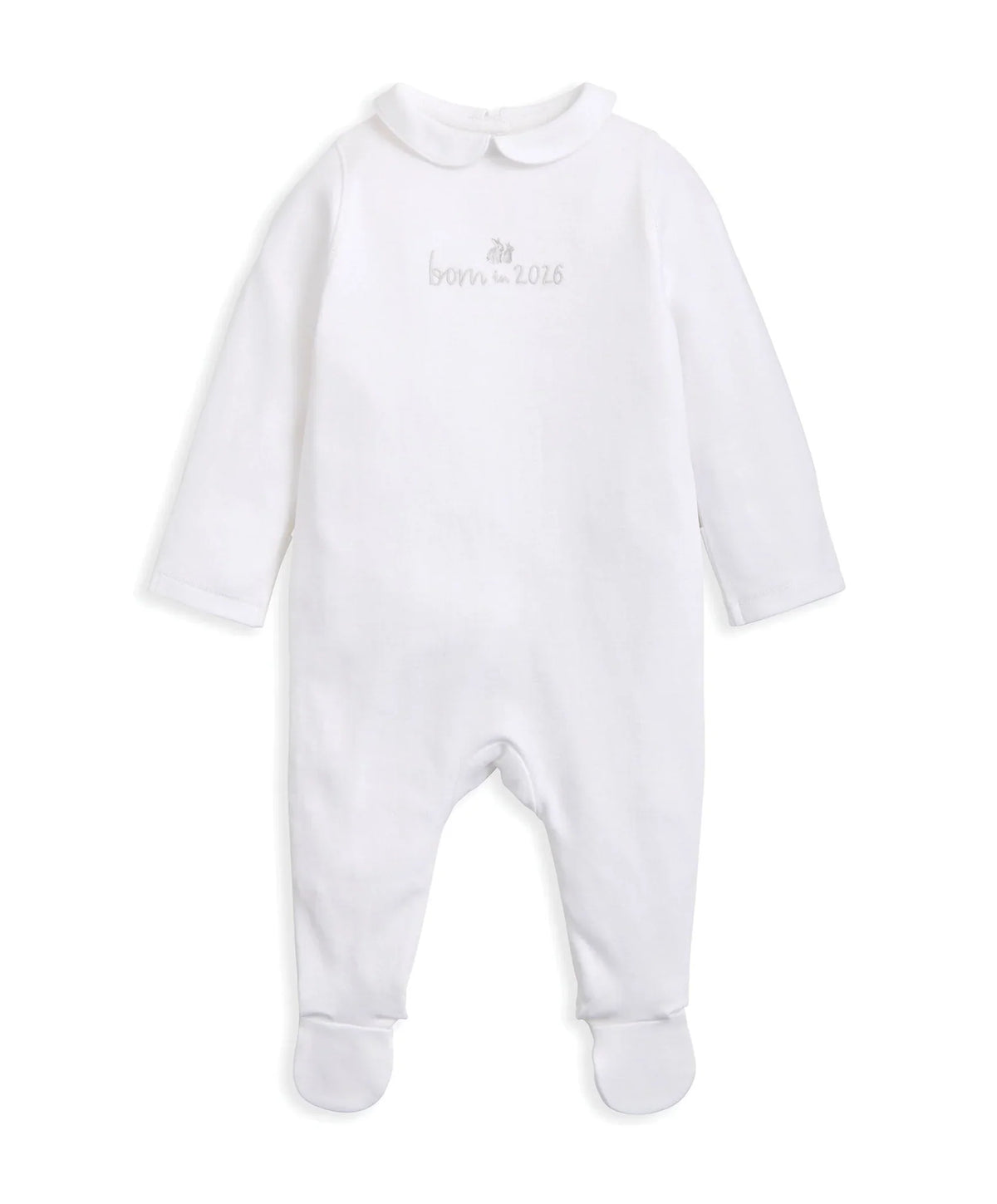 White embroidered baby romper, long sleeves, embroidered chest text, footed legs