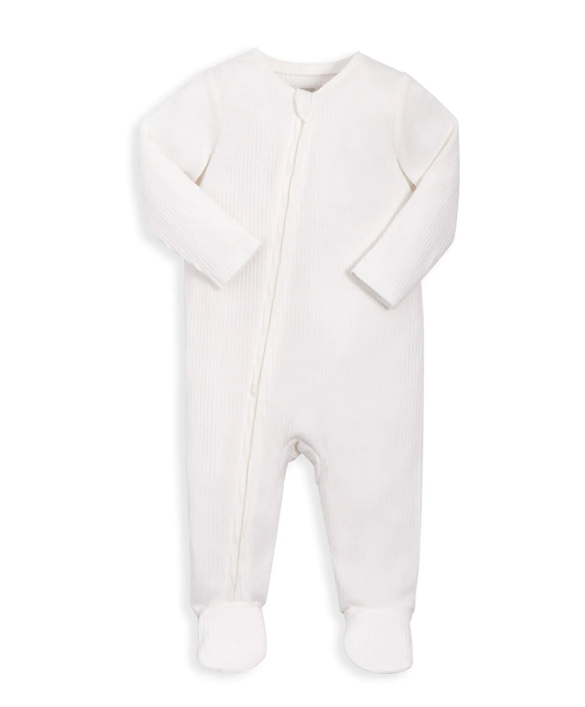 White ribbed organic cotton sleepsuit with full-length zipper and long sleeves