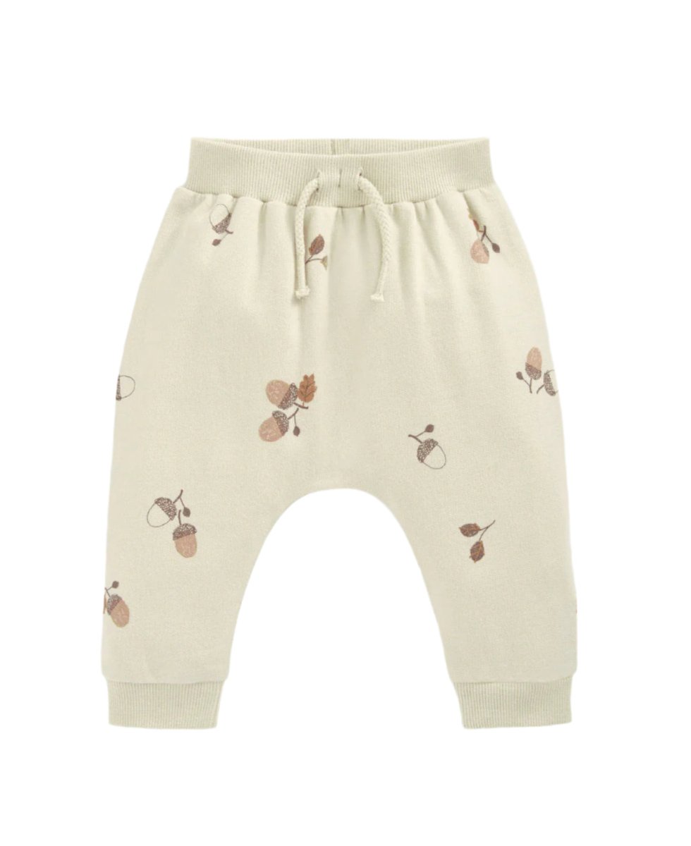 Cream acorn print toddler joggers, elastic waistband and cuffed legs