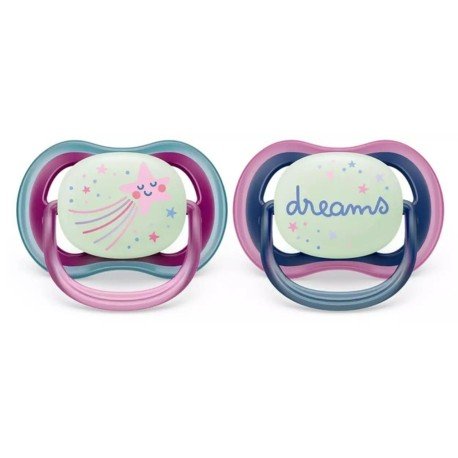 Pair of air night soothers for girls, 6–18m, rainbow rims with unicorn and dreams pads