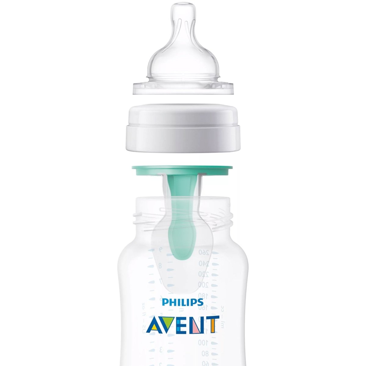 Anti-colic baby bottle, clear teat, white cap, teal vent insert, 125 ml