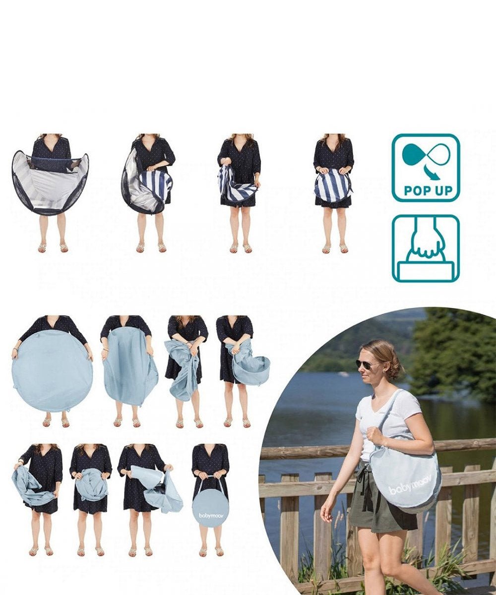 Light blue pop-up baby play tent shown in multiple setup views with carrying pouch