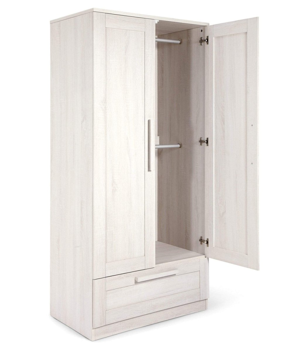 Two-door nursery wardrobe with open doors, shelves and hanging space, light nimbus white