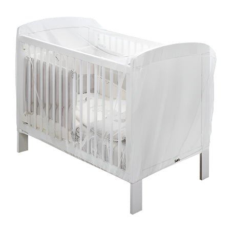 White baby bed mosquito net with draped canopy over a crib with vertical bars