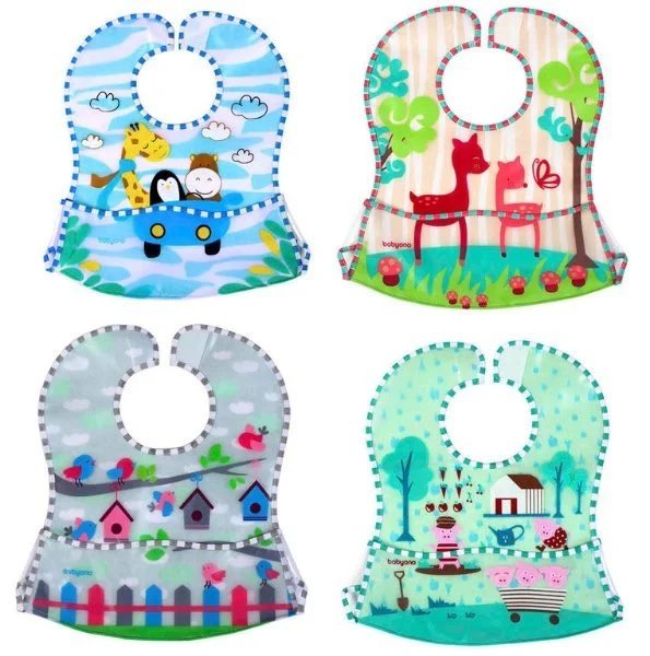 Baby bib with colorful animal print and snap closure, adjustable neck