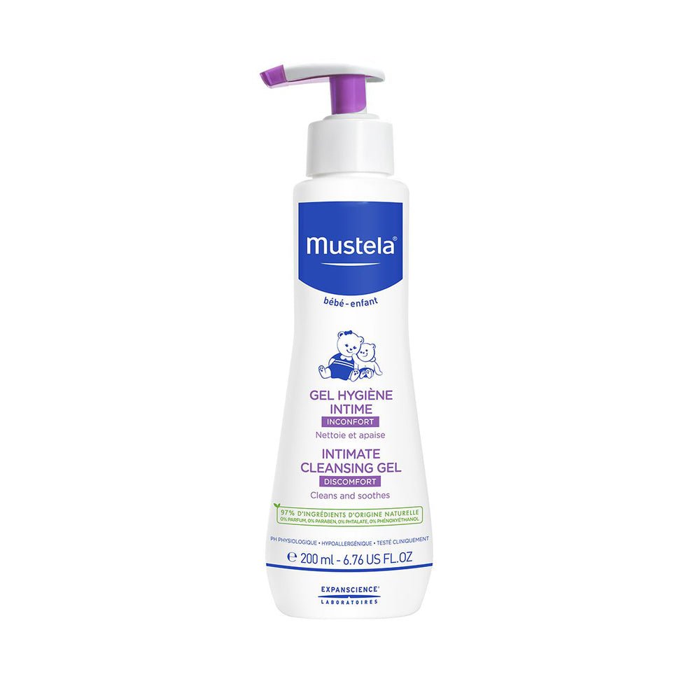 Baby intimate hygiene gel bottle with purple pump, white bottle, 200 ml