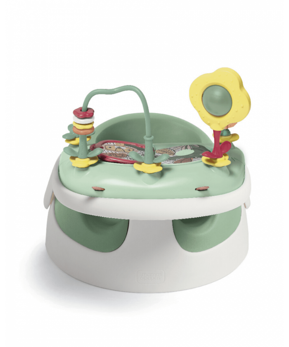 Eucalyptus baby activity tray with round base, hanging toys, and handle