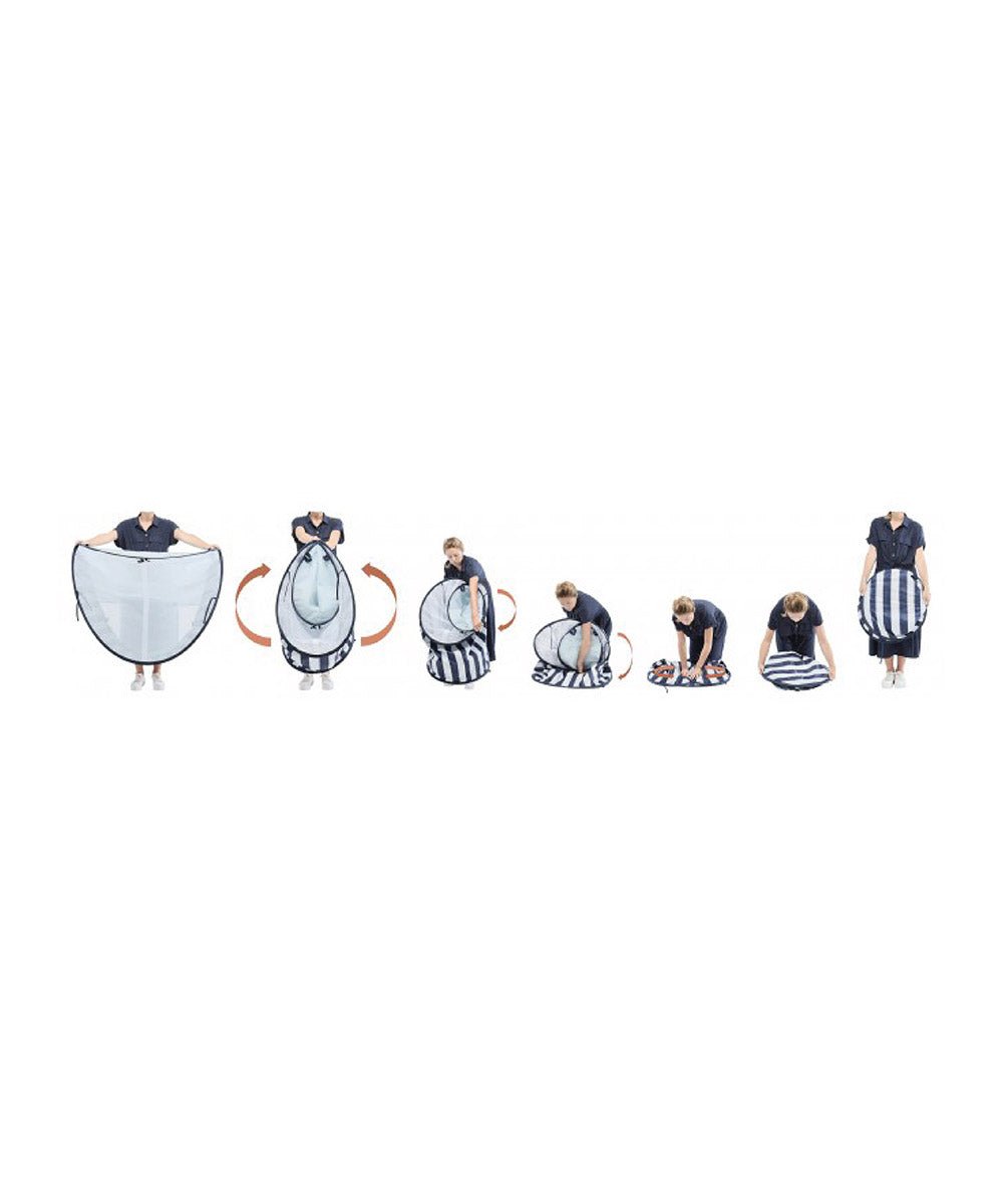 Baby tent travel set with multiple striped bags and covers shown together