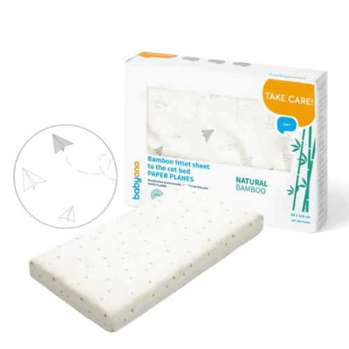 Babyono bamboo fitted cot bed sheet, cream with paper plane print, 120x60 cm