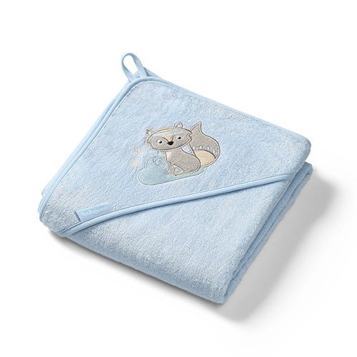 Bamboo hooded towel, light blue, raccoon applique and corner loop strap