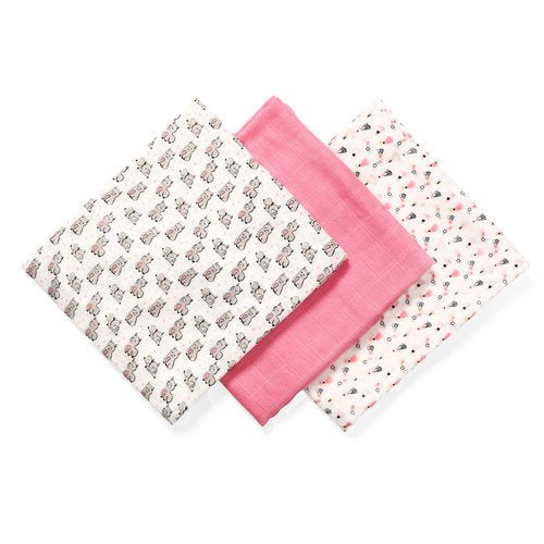 Bamboo hydrophilic nappies set of 3 rolled fabrics in pale pink and white with prints