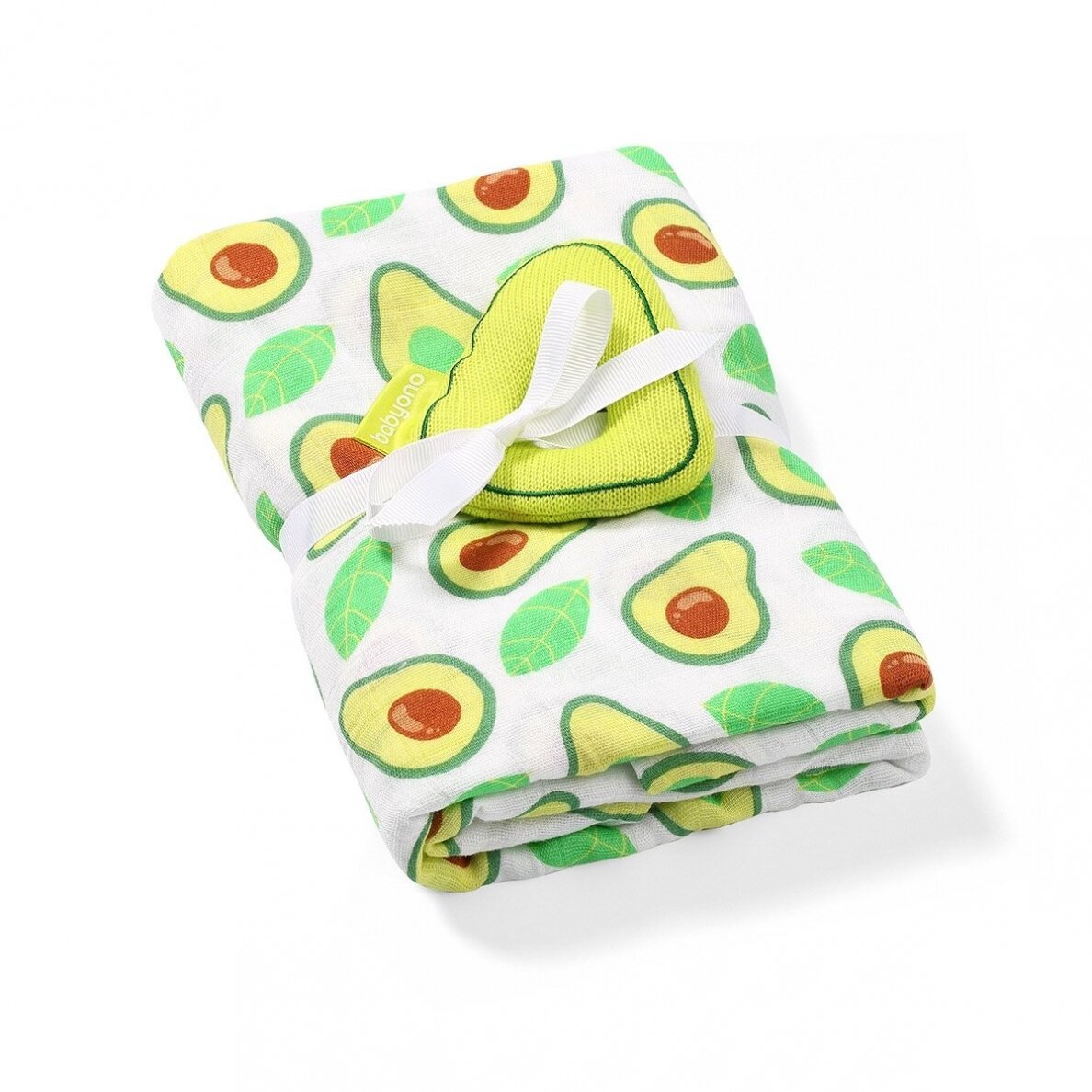 Bamboo muslin swaddle blanket, white with green avocado fruit print, folded with bow