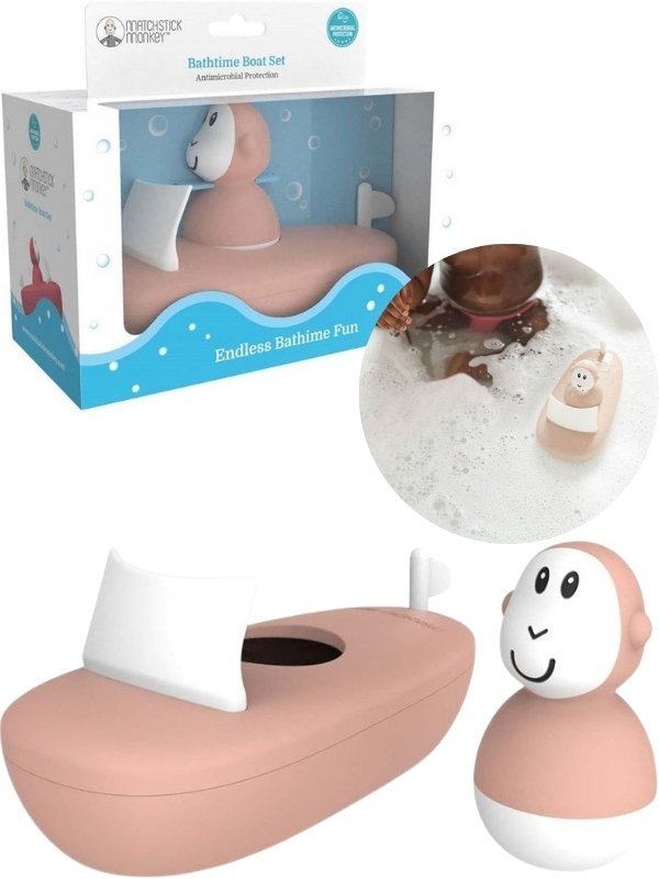 Bath boat set in box with pink curved boat, white seat, and monkey toy
