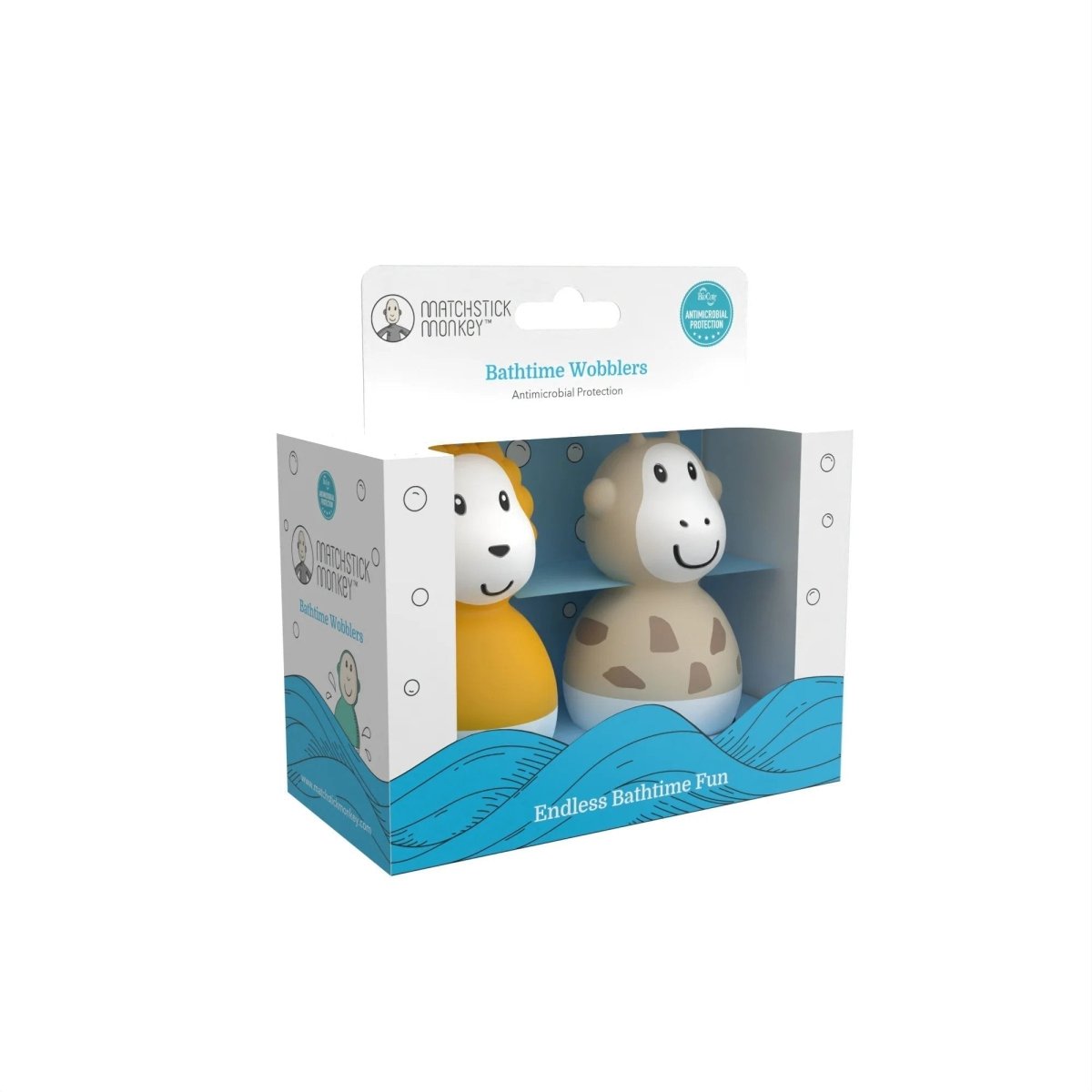 Bathtime wobblers box with window showing yellow lion and white giraffe toys