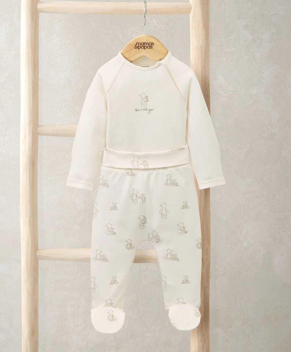 Baby bear print two-piece bodysuit and footed bottoms set, long sleeves, white