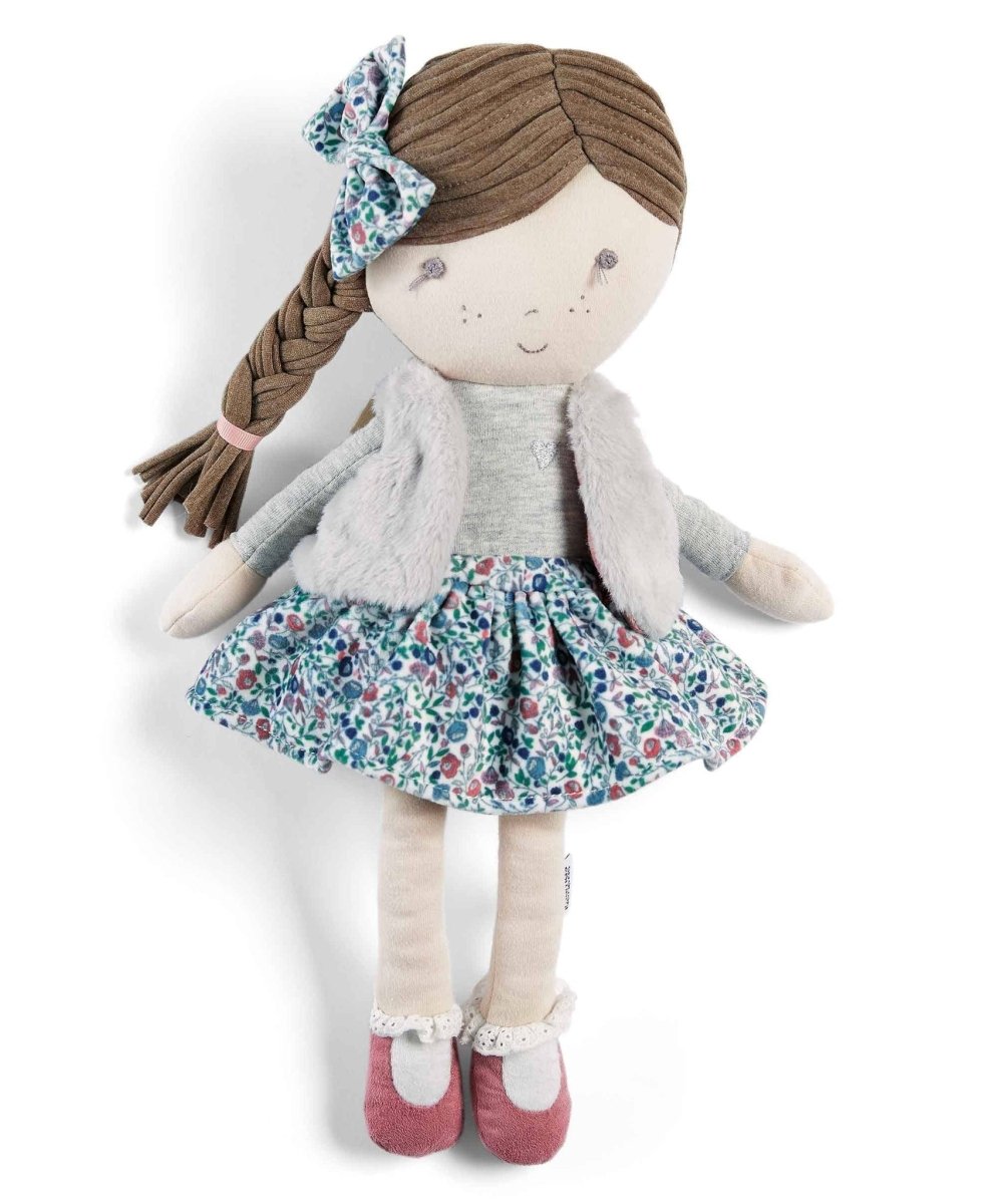 Rag doll with braided brown hair, blue bow, gray jacket, floral skirt, pink shoes
