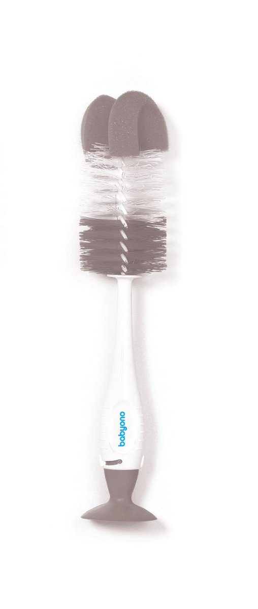 Bottle and pacifier cleaning brush with suction cup, white handle and gray bristles