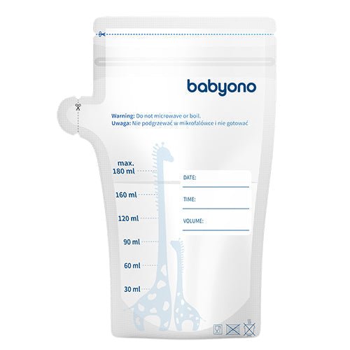 Breast milk storage bag with babyono logo, max 180 ml and fill level marks