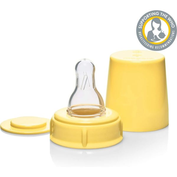 Breastmilk feeding bottle parts: clear nipple, yellow base cap, and yellow lid