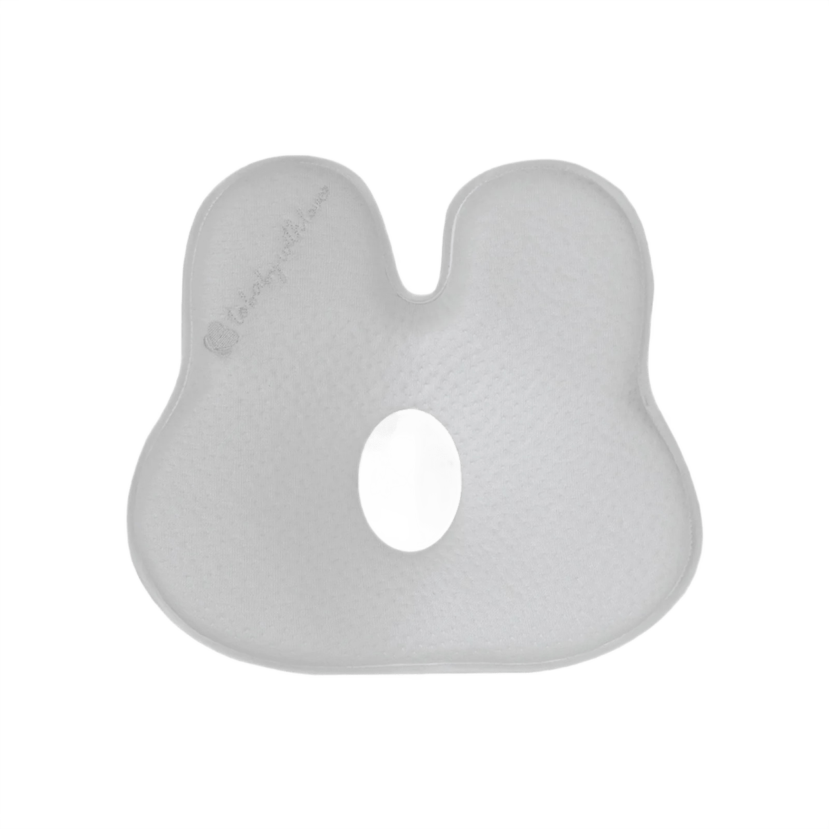 Bunny-shaped grey memory foam ergonomic pillow with airknit cover