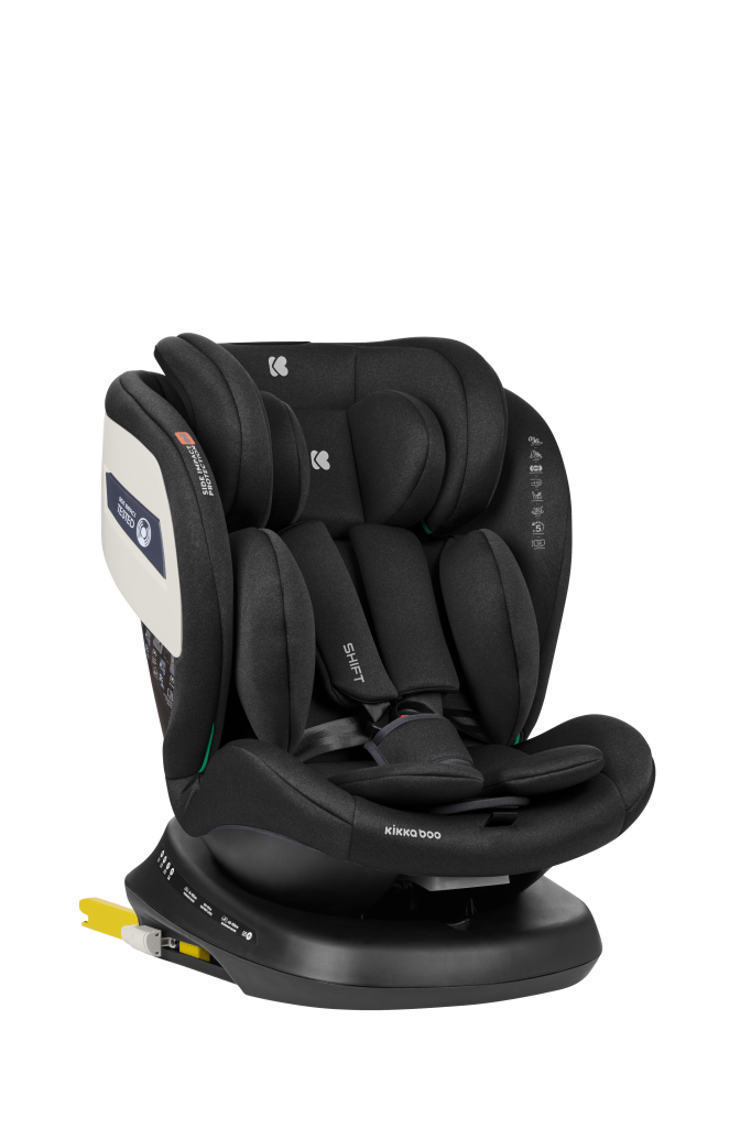 Black car seat with side view, padded harness, ISOFIX indicators and yellow release