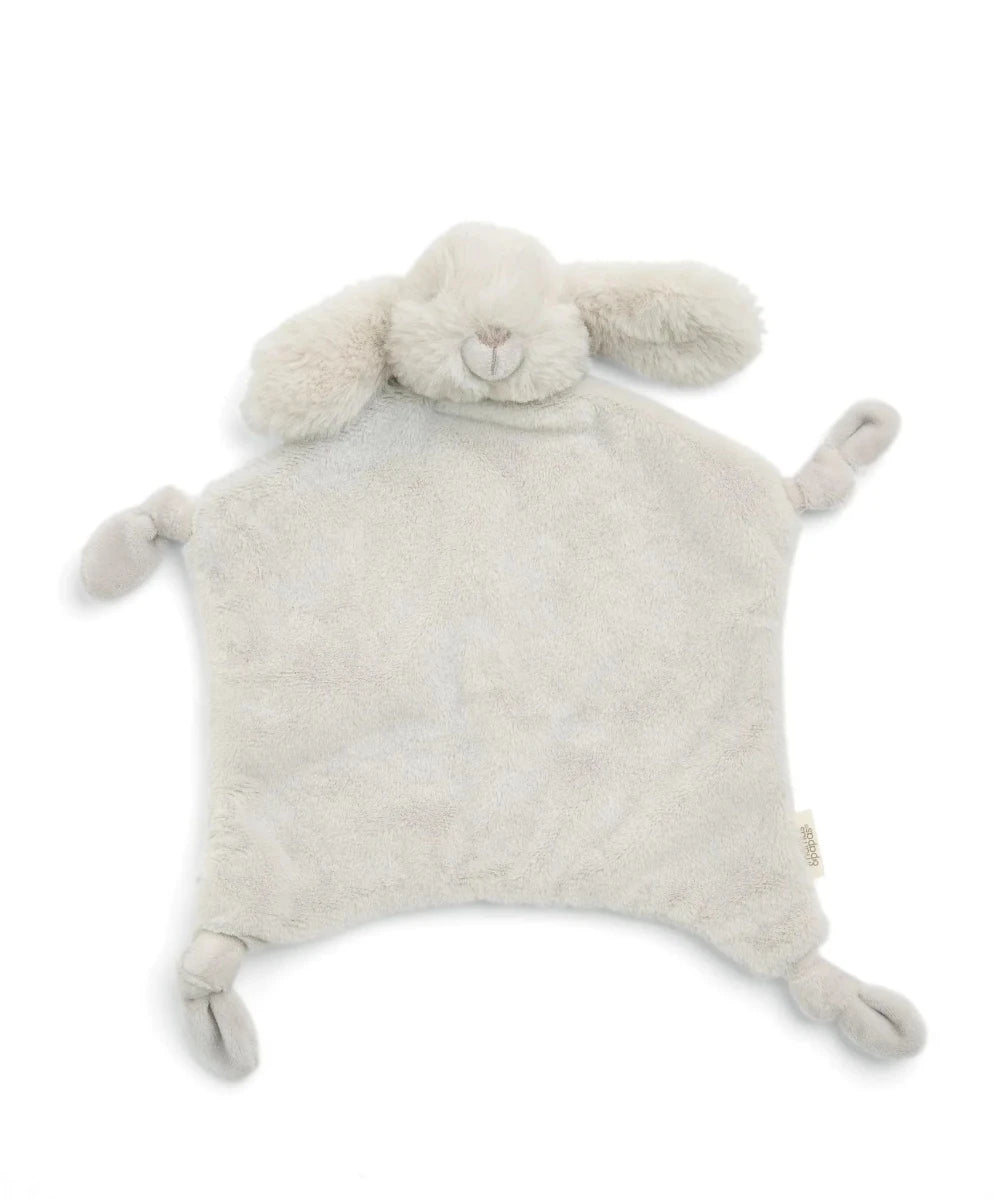 Light grey bunny comforter plush with rounded ears, small face detail, and four dangling feet.