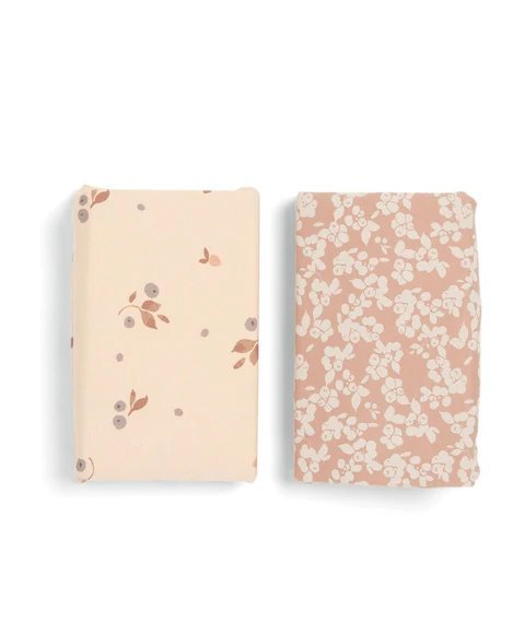 Cotbed fitted sheets pack of 2, pale and blush floral prints, flat lay view