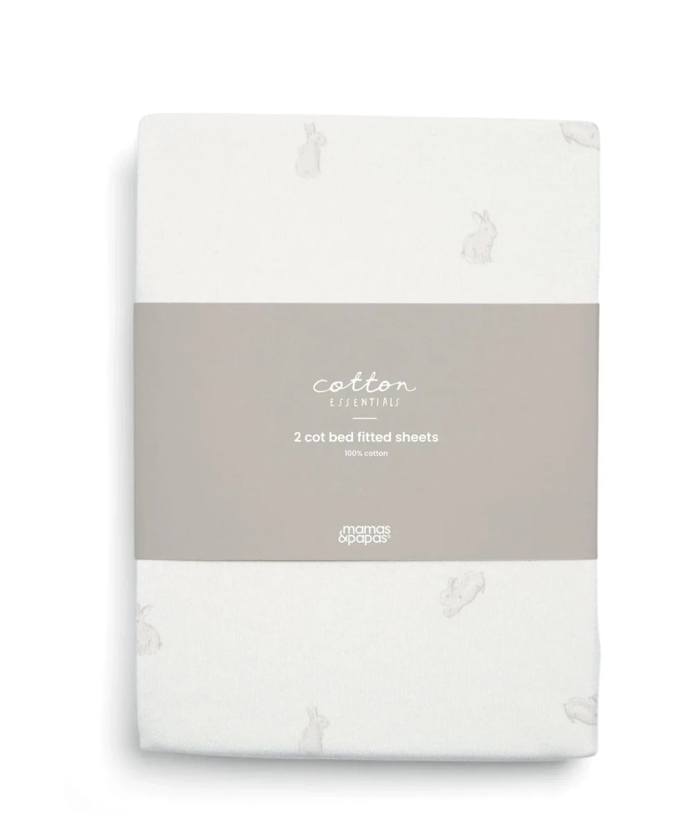Cotbed fitted sheets pack of 2, white with subtle bunny figures, folded in packaging