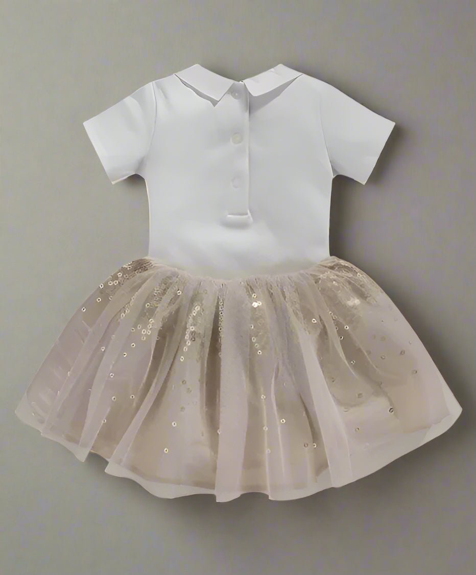 Cream two-piece tutu set with short-sleeve button polo top and sparkly tulle skirt