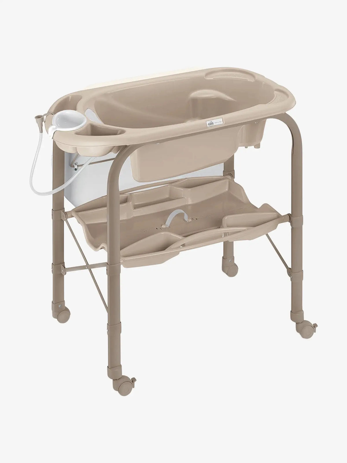 Beige changing table with raised sides, open storage shelf, and smooth caster wheels