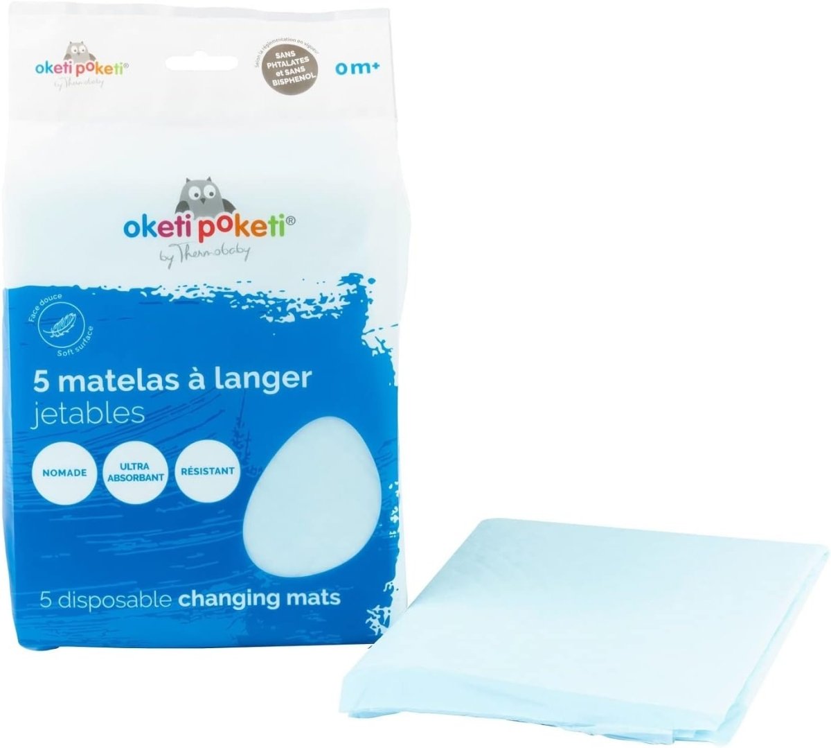Disposable changing mat set: folded light-blue mat beside retail pouch, 5 count